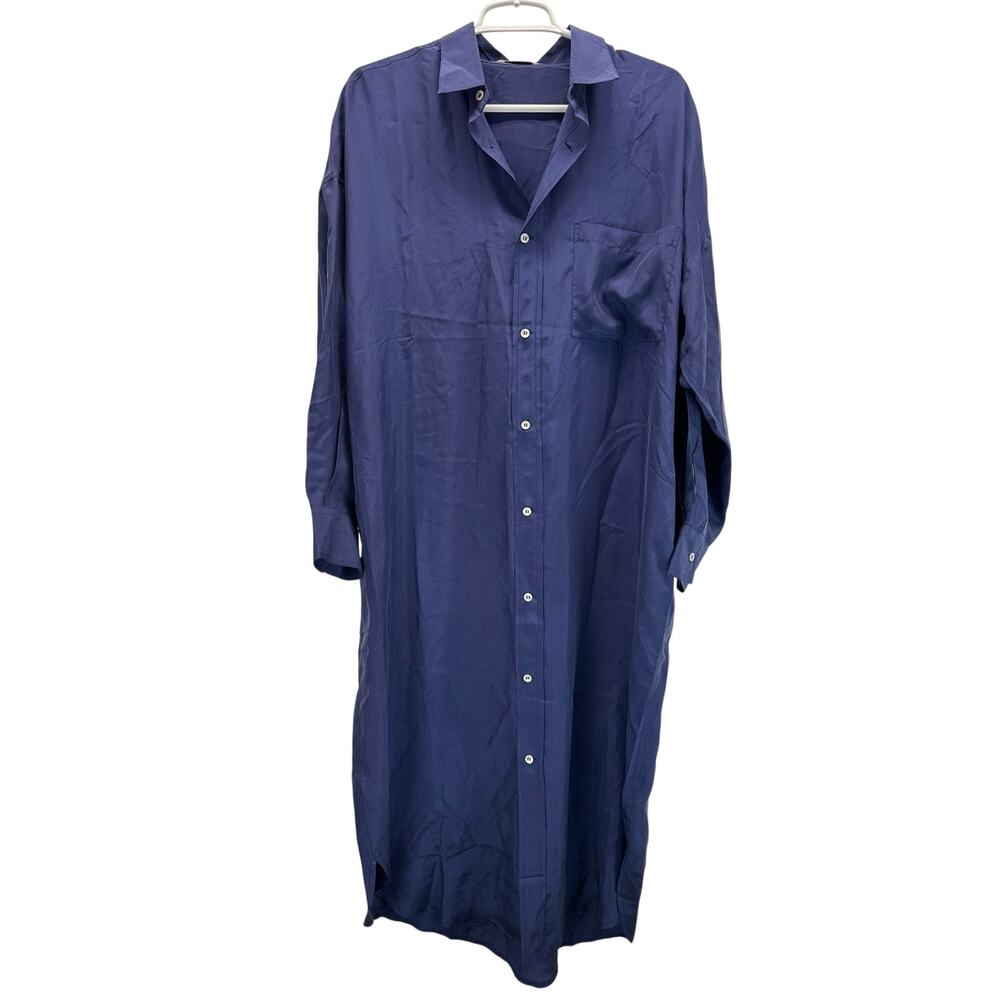 Mamene Phoebe Shirt Dress Silk Blue Long Sleeve Maxi Oversized 1/S - Picture 3 of 12